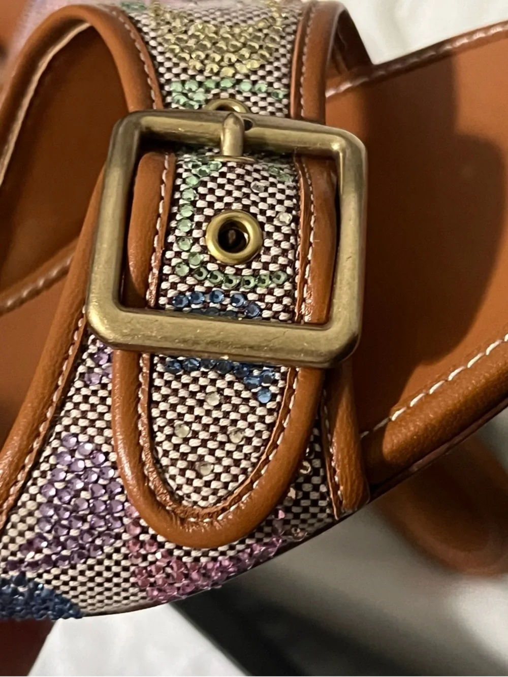 Coach Tan Leather Slide Sandals with Multicolor Woven Strap - Picture 9 of 12